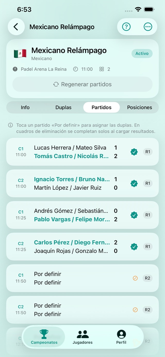 Complete real screen of the fixture with matches, courts and schedules in Padelya