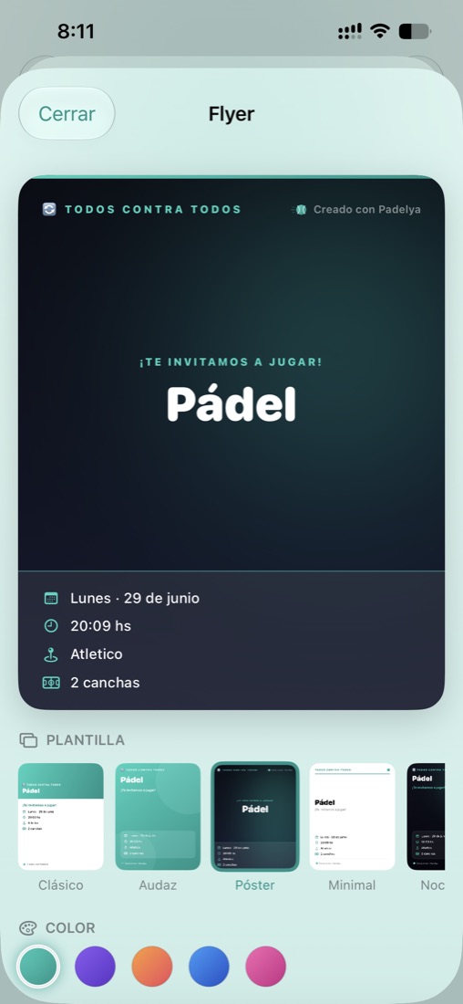 Padelya screen to create a flyer, with the free classic template and locked Pro options