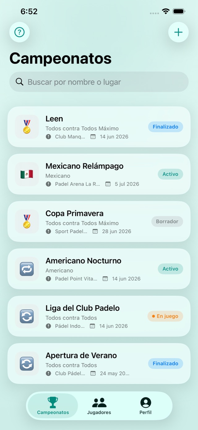 Padelya home screen with active, finished and in-play tournaments