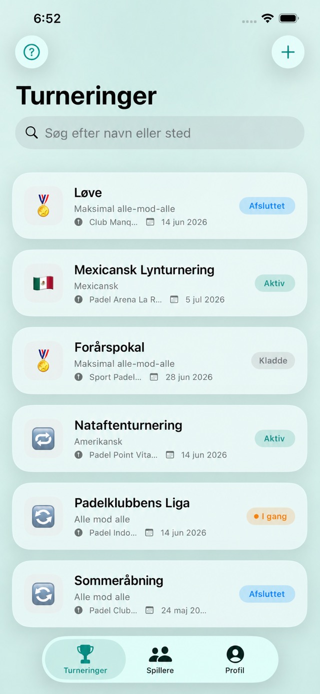 Ægte Padelya-hjemmeskærm med kommende mesterskaber