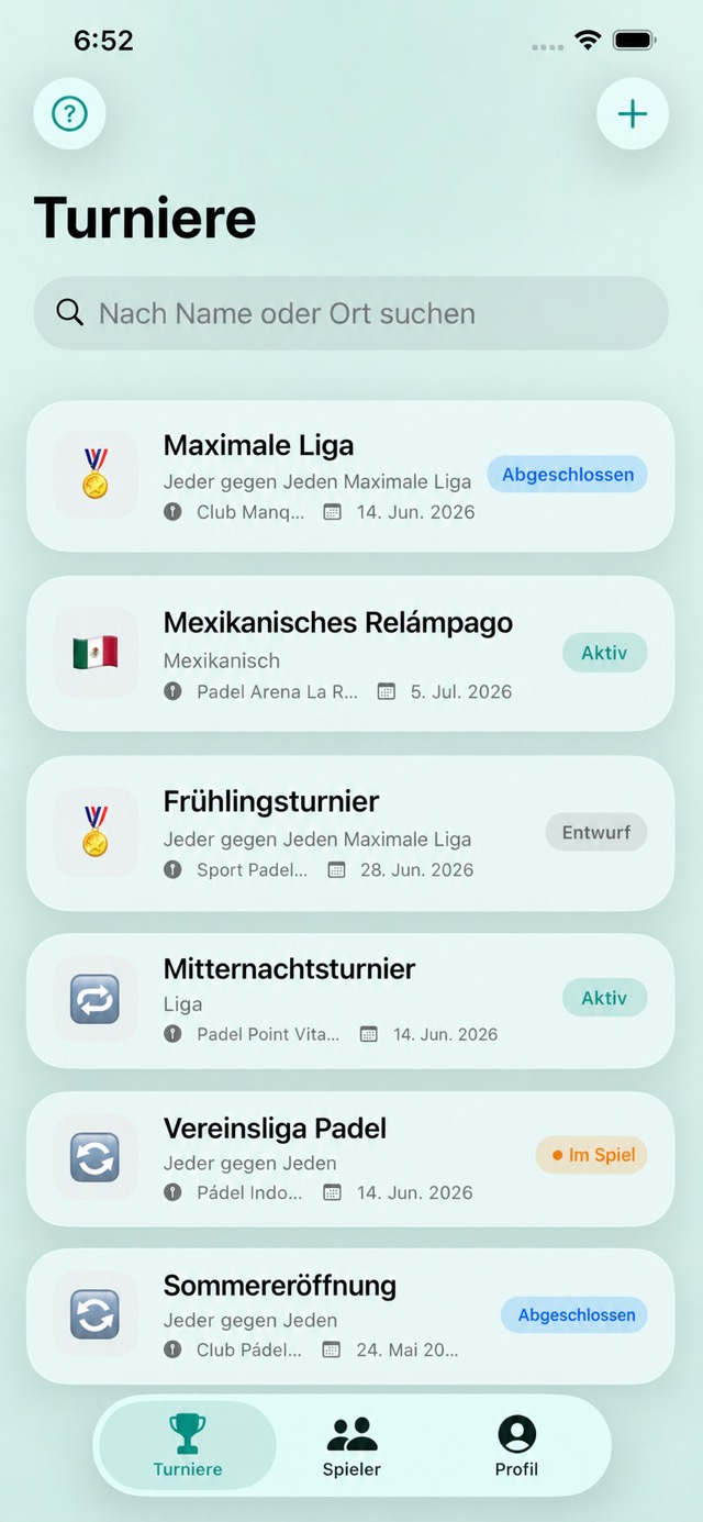Real Padelya-Startbildschirm mit bevorstehenden Meisterschaften