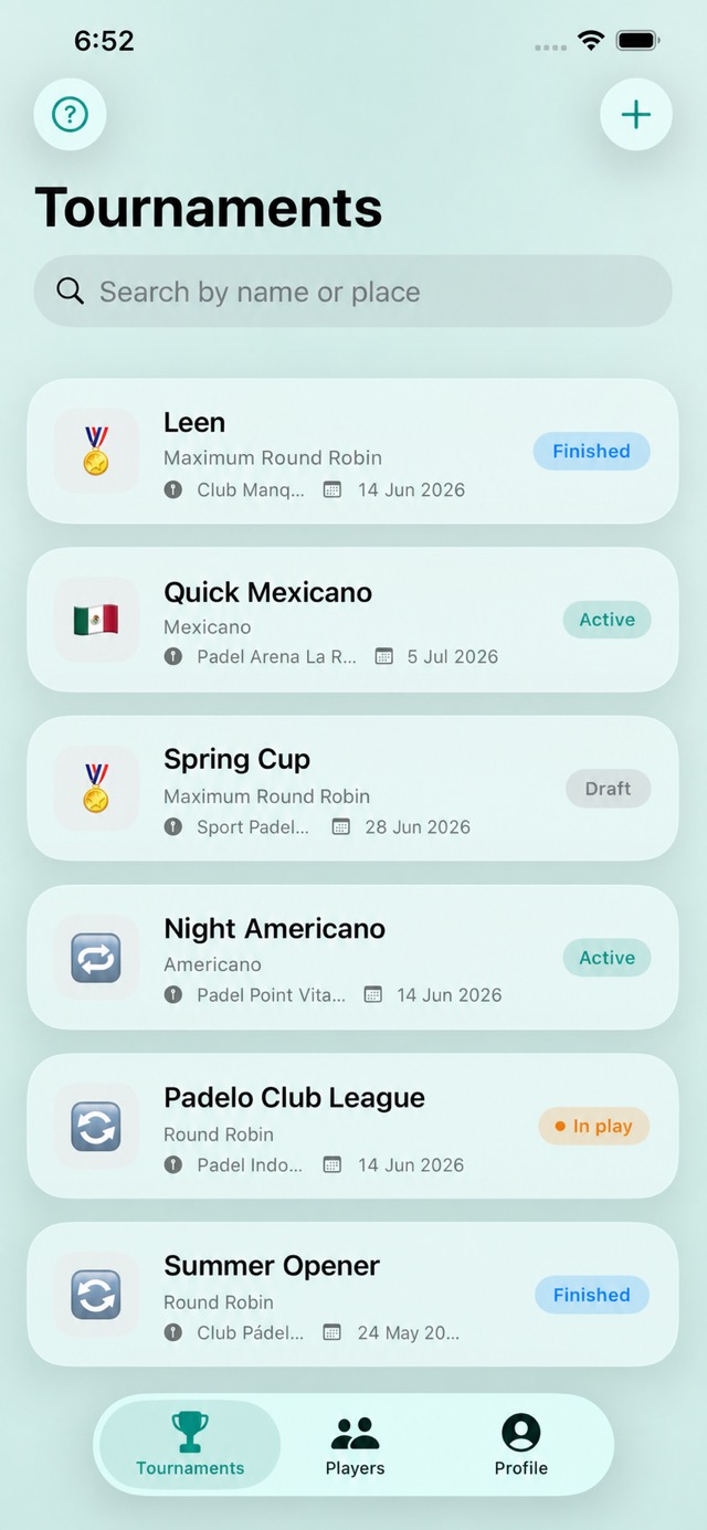 Padelya home screen with active, finished and in-play tournaments