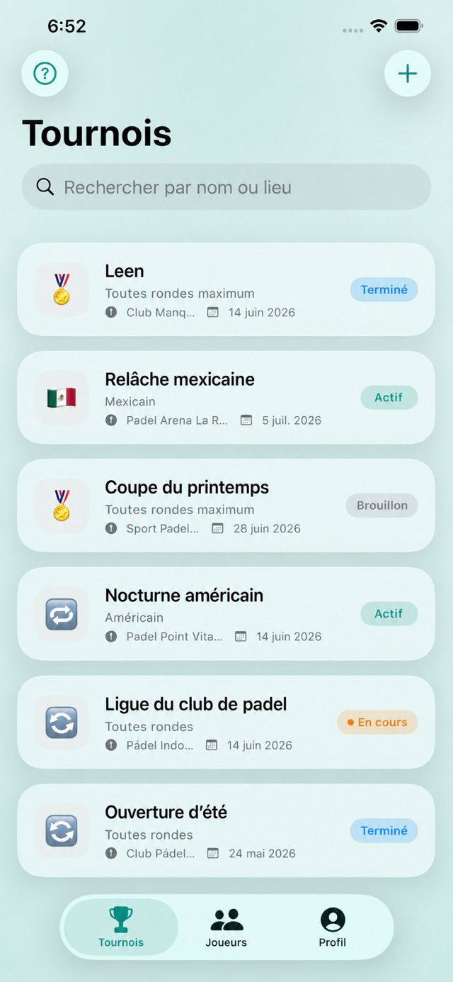Écran d'accueil du Real Padelya avec les championnats à venir