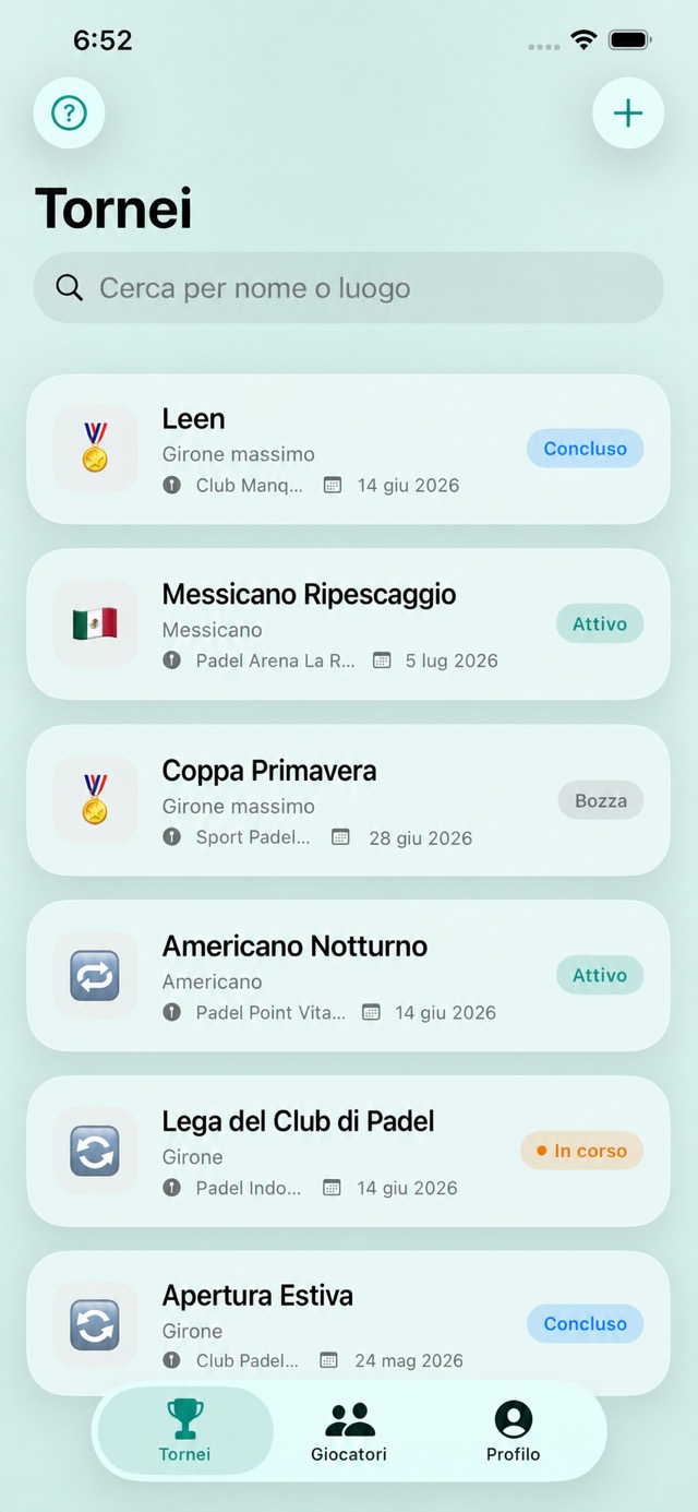 Schermata iniziale di Real Padelya con i prossimi campionati