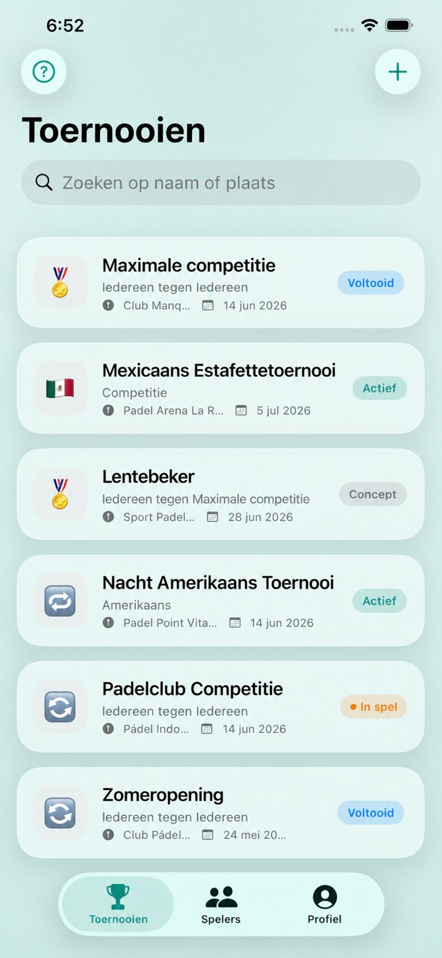 Padelya-startscherm met actieve, voltooide en actieve kampioenschappen