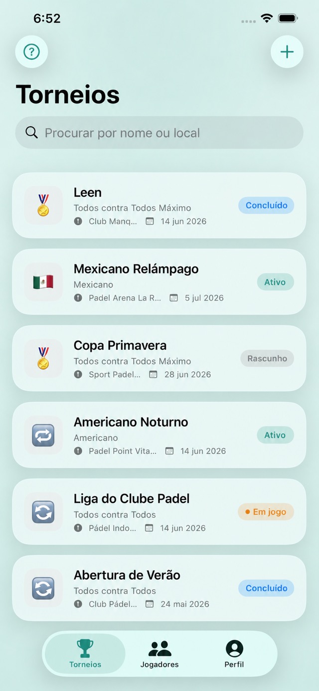 Tela inicial do Padelya com campeonatos ativos, finalizados e em jogo