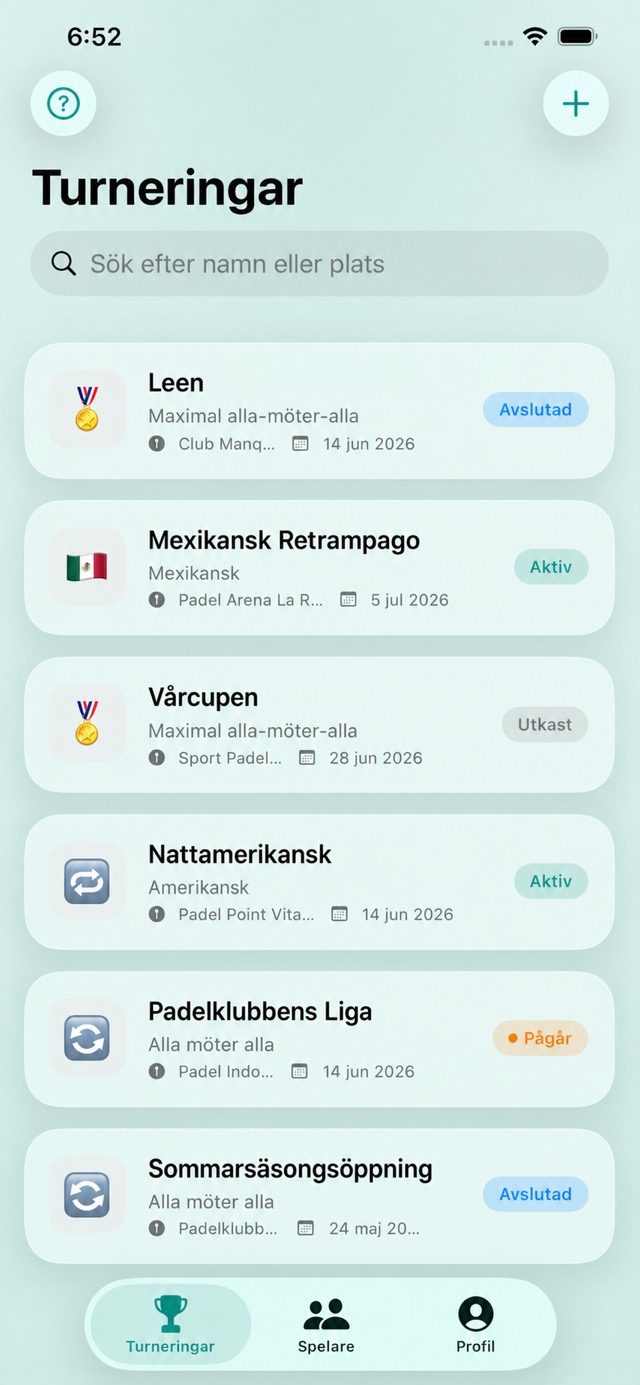 Padelya-hemskärm med aktiva, färdiga och in-play-mästerskap