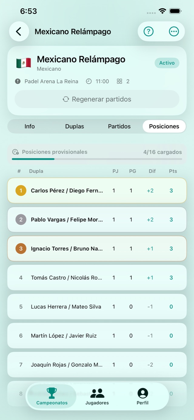 Complete real screen of the standings of a tournament in Padelya