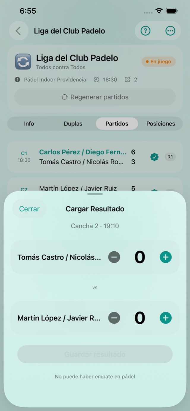 Full real screen to load the result of a match in Padelya